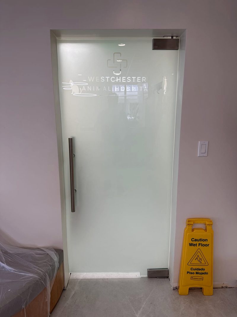 Frameless frosted glass swing door with the Westchester Animal Hospital name and logo, a stainless steel pull handle, and floor and top pivot hardware